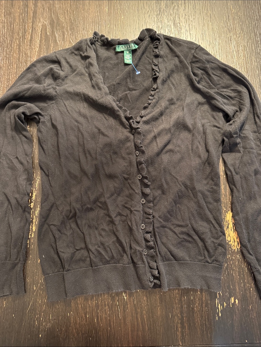 Lauren Ralph Lauren Black V-Neck Ruffle-Trim Cardigan 100% Cotton